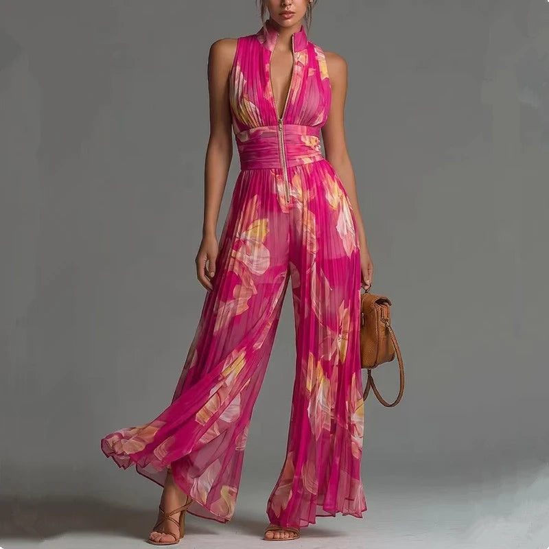 Women Elegant Chiffon Sleeveless Jumpsuit High Waist Pleated Flowy Wide Leg One Piece Overalls Holiday Casual Streetwear Rompers