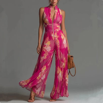 Women Elegant Chiffon Sleeveless Jumpsuit High Waist Pleated Flowy Wide Leg One Piece Overalls Holiday Casual Streetwear Rompers
