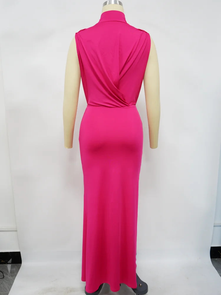 CM.YAYA Women O-neck High Split Ruched Stacked Bodycon Midi Maxi Dress 2024 Evening Party Club Vestidos Sexy Chic Long Dresses