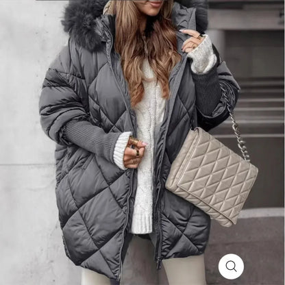 Hooded Cotton Winter Coat Women Street Fur Collar Overcoat Casual Thickened Zipper Warm Jacket Female Parka Tops Outerwear