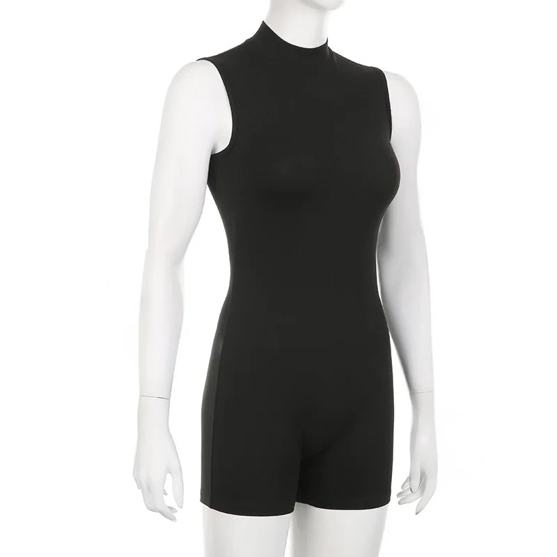 Turtleneck Bodycon Playsuit One-Pieces Shorts Sexy Rompers Womens Jumpsuit Black Combinaison Femme Zipper Ropa Mujer Sleeveless
