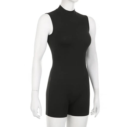 Turtleneck Bodycon Playsuit One-Pieces Shorts Sexy Rompers Womens Jumpsuit Black Combinaison Femme Zipper Ropa Mujer Sleeveless