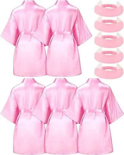 5 Pack Spa Robes for Party Sleepover Slumber Birthday Party Squad Robes DIY Silk Satin Bathrobes with Headband