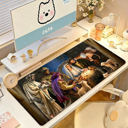 Christmas Nativity Scene Mouse Pad Large Non-Slip Waterproof Mat Stitched Edge Keyboard Pad for Gaming Daily Office