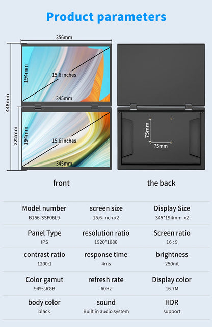 HGFRTEE 15.6 Inch Dual Portable Monitor for Laptop Screen Extender Stackable Foldable 315° Folding Stacked Triple Display