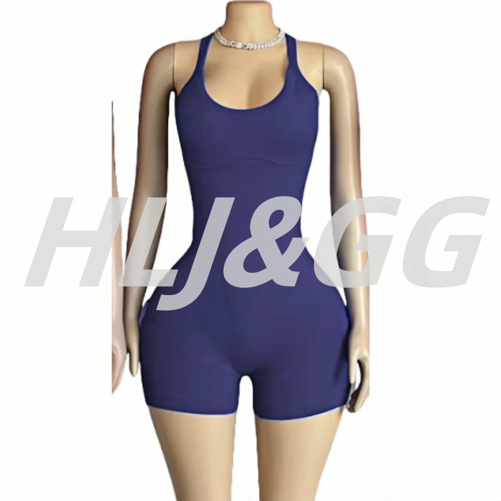 HLJ&GG Women Bodysuits Stretch Sporty One Piece Rompers Women Sleeveless Backless Slim Jumpsuits Summer New Solid Yoga Overalls