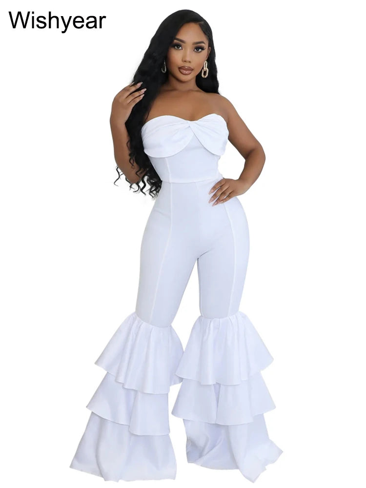 New One Pieces Jumpsuits Women Black Strapless Sleeveless Sexy Rompers Slim Fit Long Ruffles Flare Pant Night Club Even Overalls