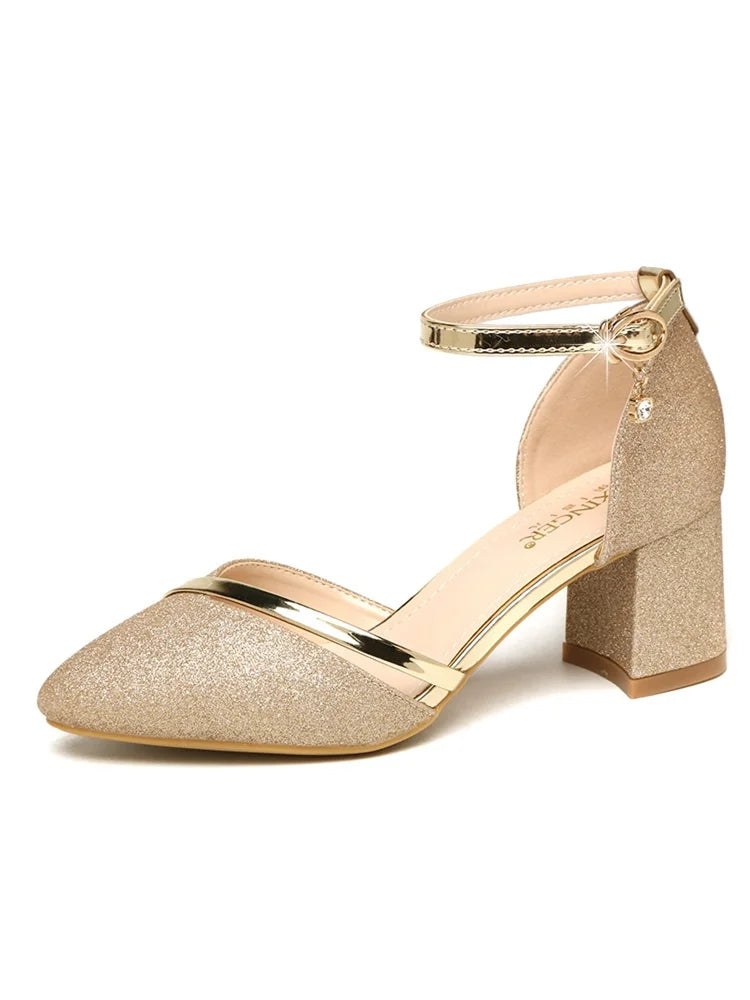 Sapatos Femininas Women Sexy Silver Wedding High Quality Buckle Strap Square Heel Shoes Lady Bridal Golden High Heel Shoes E55