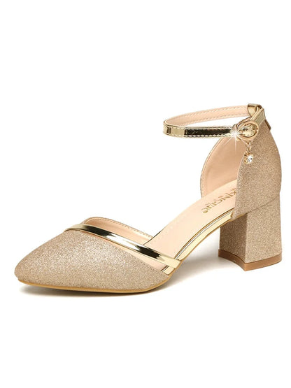 Sapatos Femininas Women Sexy Silver Wedding High Quality Buckle Strap Square Heel Shoes Lady Bridal Golden High Heel Shoes E55