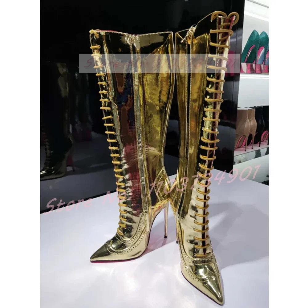Pink Sole Zipper Knee Length Boots Women Sexy Nightclub Lace Up Pointy Toe High Heels Boots Lady Party Nifty Punk Fashion Shoes