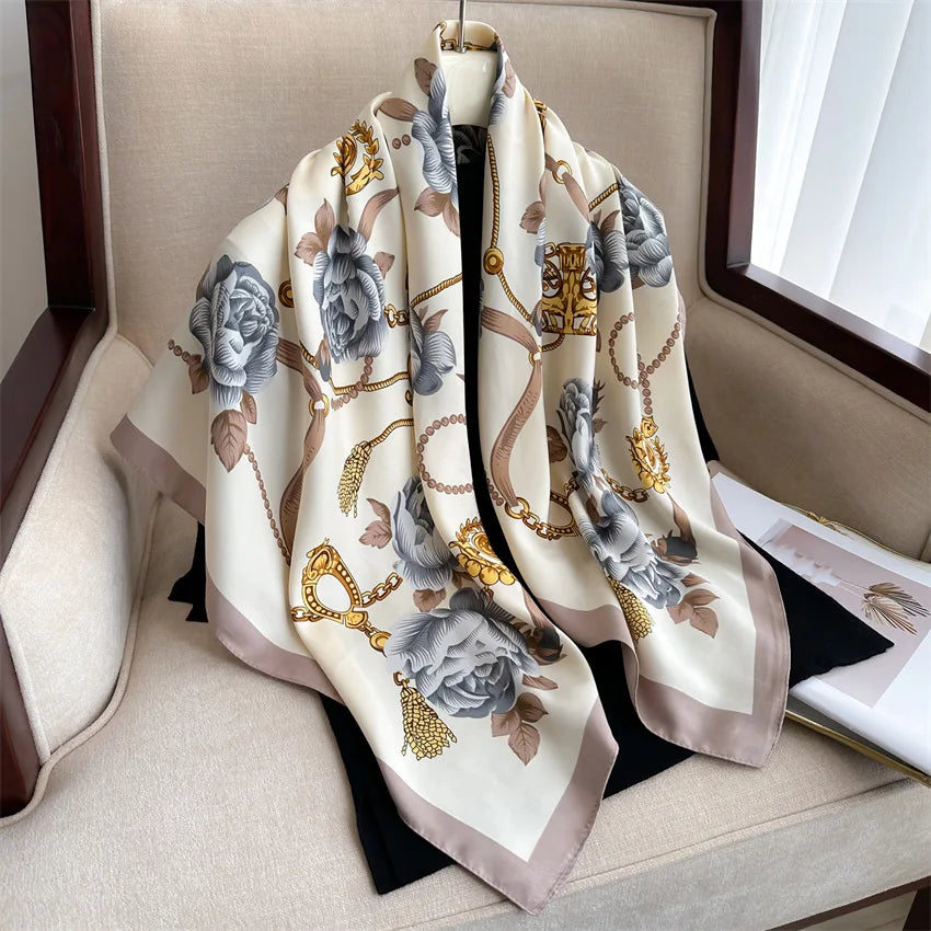 90cm Floral Print Silk Square Scarf Women Luxury Brand Satin Shawls Neckerchief Wrap Scarves Bandana Hair Hjiab Bohemian Style