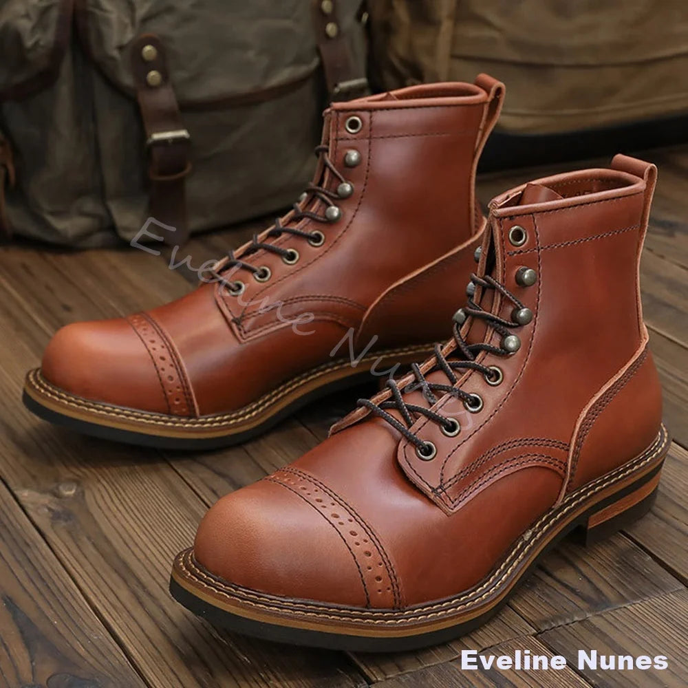 Brogue Cap‑Toe Non‑Slip Combat Boots Men Genuine Leather Lace‑Up Motorcycle Boots Casual Thick Outdoor Daily Retro Work Boots