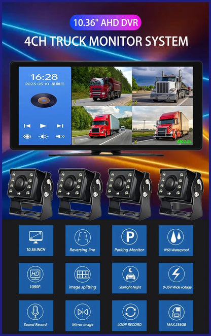 10.36 "4 Channel Recorder Smart Blind Spot Radar BSD Alarm Car DVR Monitor with 4 PCS AHD 1080P IR Camera For Truck Bus