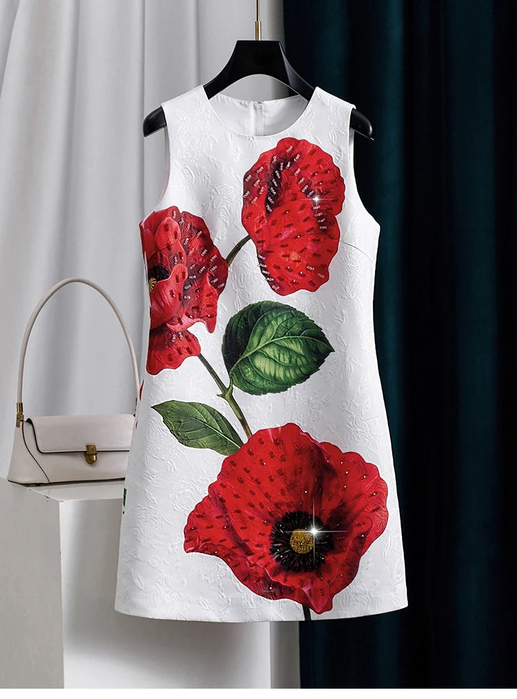 Women White Floral Printed Beaded Dress Sleeveless Round Neck a Line Elegant Summer Party Luxury Jacquard Shift Dress Chic Look