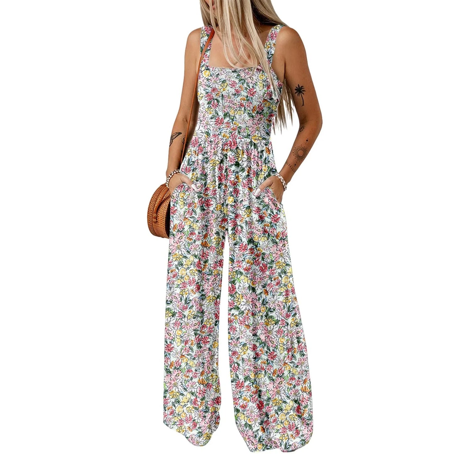 Summer Sexy Sling Jumpsuits Women'S Fashion Printed Loose Pencil Pants Casual Streetwear Elegant Party Female Spaghetti Rompers