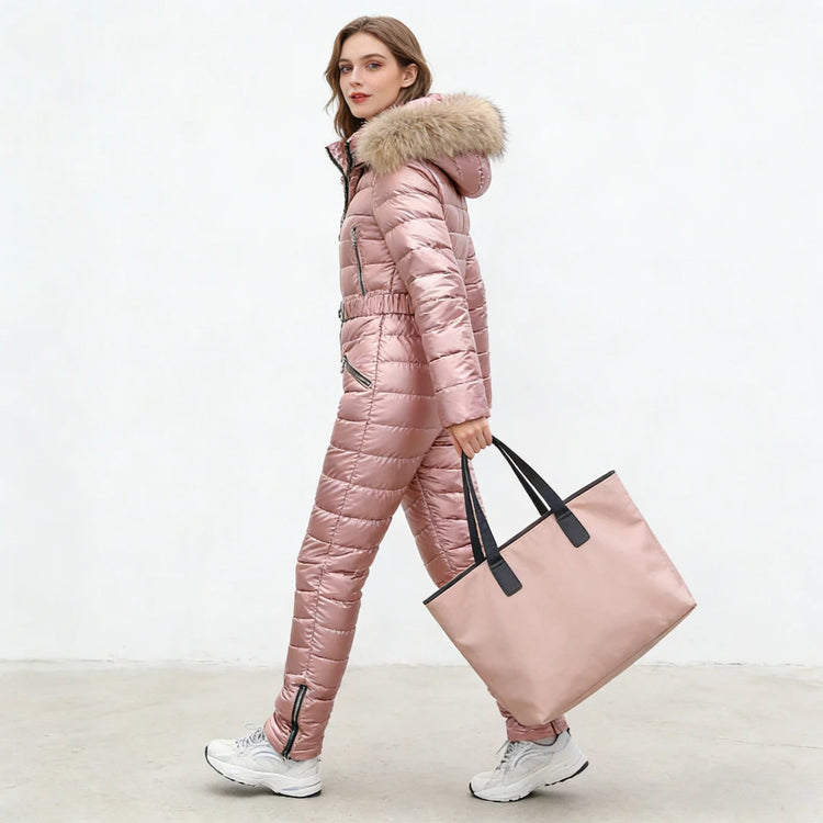 Jumpsuits One Piece Ski Suit Winter Thicken Snow Place Down Cotton Women Suits Warm Hooded Waist Slim Shiny Outdoor Sports