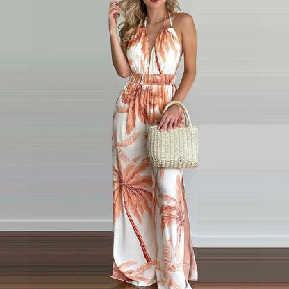 New Summer Sleeveless Halter Jumpsuits for Women Backless Print Lace-up Wide-leg Women Jumpsuit Rompers Womens Jumpsuit