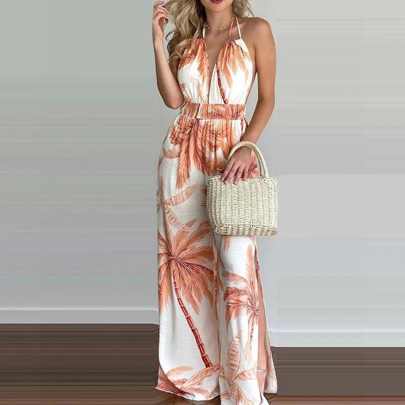 New Summer Sleeveless Halter Jumpsuits for Women Backless Print Lace-up Wide-leg Women Jumpsuit Rompers Womens Jumpsuit