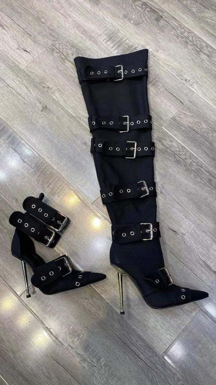 New Women Denim Metal Rivet Buckle Sandals Women Sexy Punk Style Pointed Hollow Metal 11cm High Heel Knee High Boots Size34-43