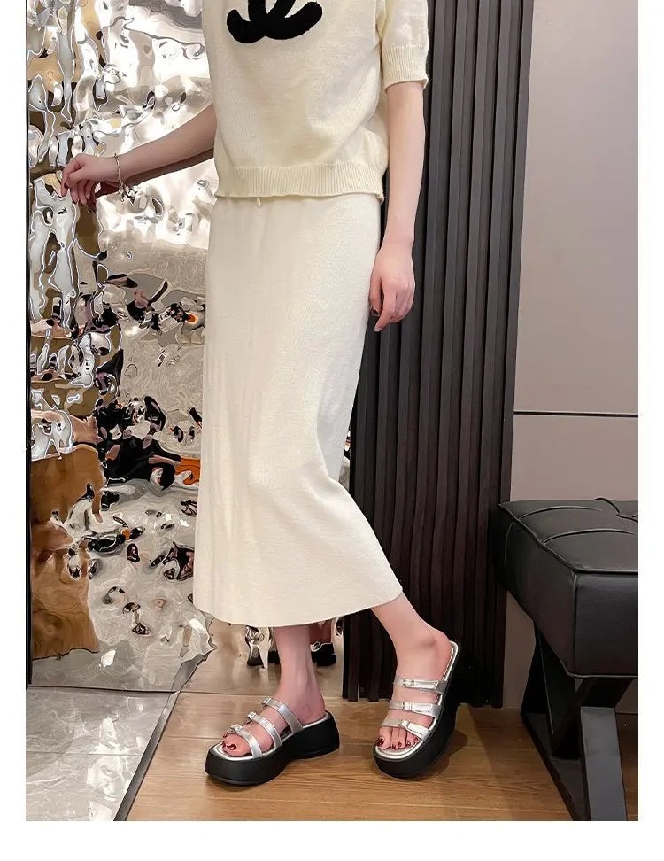 Women Thicken Soled Buckle Strap Sandals Platform High Heel Shoes Ladies Cut-Out Slippers Open Toe Flipflops Silver Beach Slides