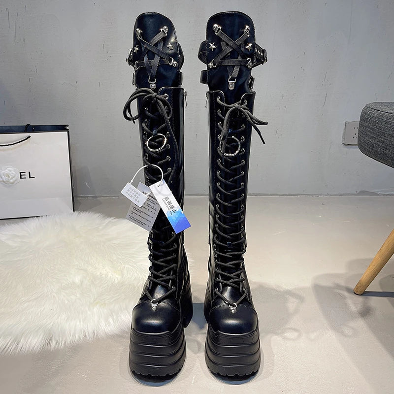 Super high heel high boots Spring and Autumn New round toe shallow mouth metal buckle platform non-slip thick heel boots