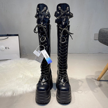 Super high heel high boots Spring and Autumn New round toe shallow mouth metal buckle platform non-slip thick heel boots