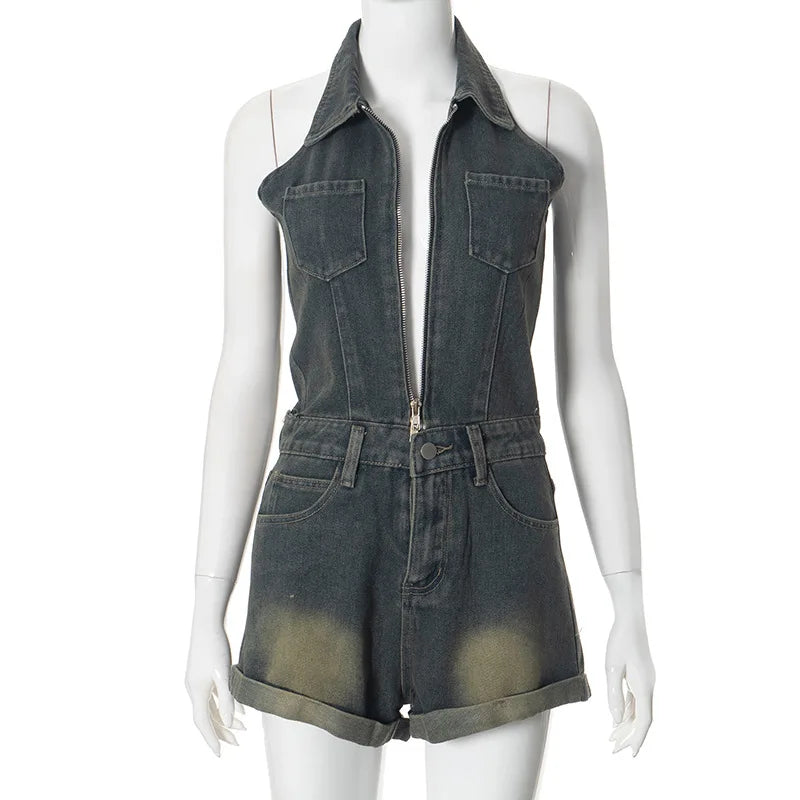 Sexy Blue Lapel Deep V Zipper Jumpsuit For Women Sleeveless Backless High Waist Hemmed Shorts Leisure Party Club Denim Jumpsuit