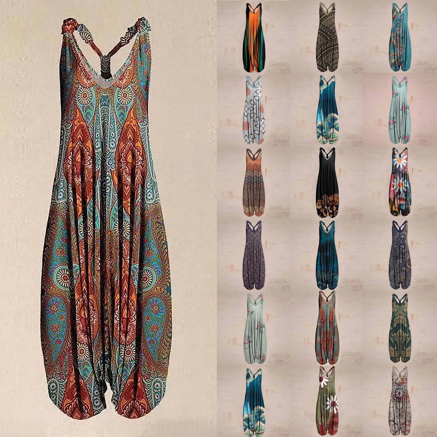 Wide Leg Bohemian Loose Overall Jumpsuit Ethnic Mandala Vintage Paisley Printing Women Rompers Backless Harem Bloomers Playsuit