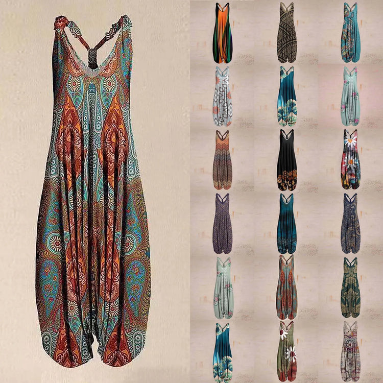 Wide Leg Bohemian Loose Overall Jumpsuit Ethnic Mandala Vintage Paisley Printing Women Rompers Backless Harem Bloomers Playsuit