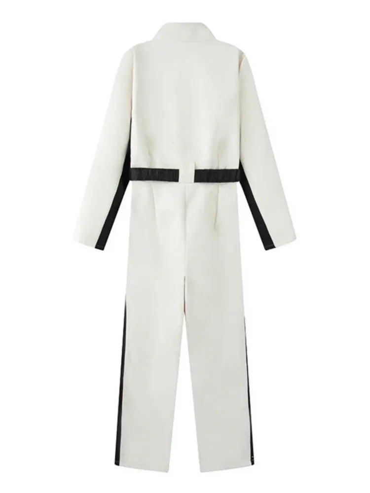 2026 Women's Elegant Skateboard One-piece Fleece Warm Bodysuit Belted Female Long Sleeve Windproof Patchwork Skiing Jumpsuits