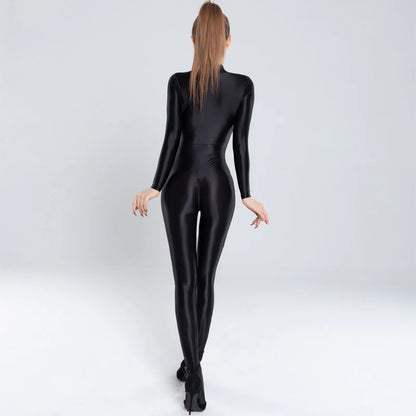 Oily Glossy Elastic Tights Zipper Open Crotch Full Body Jumpsuits Sexy See Through Bodysuits Women Smooth Allure Bodycon Rompers