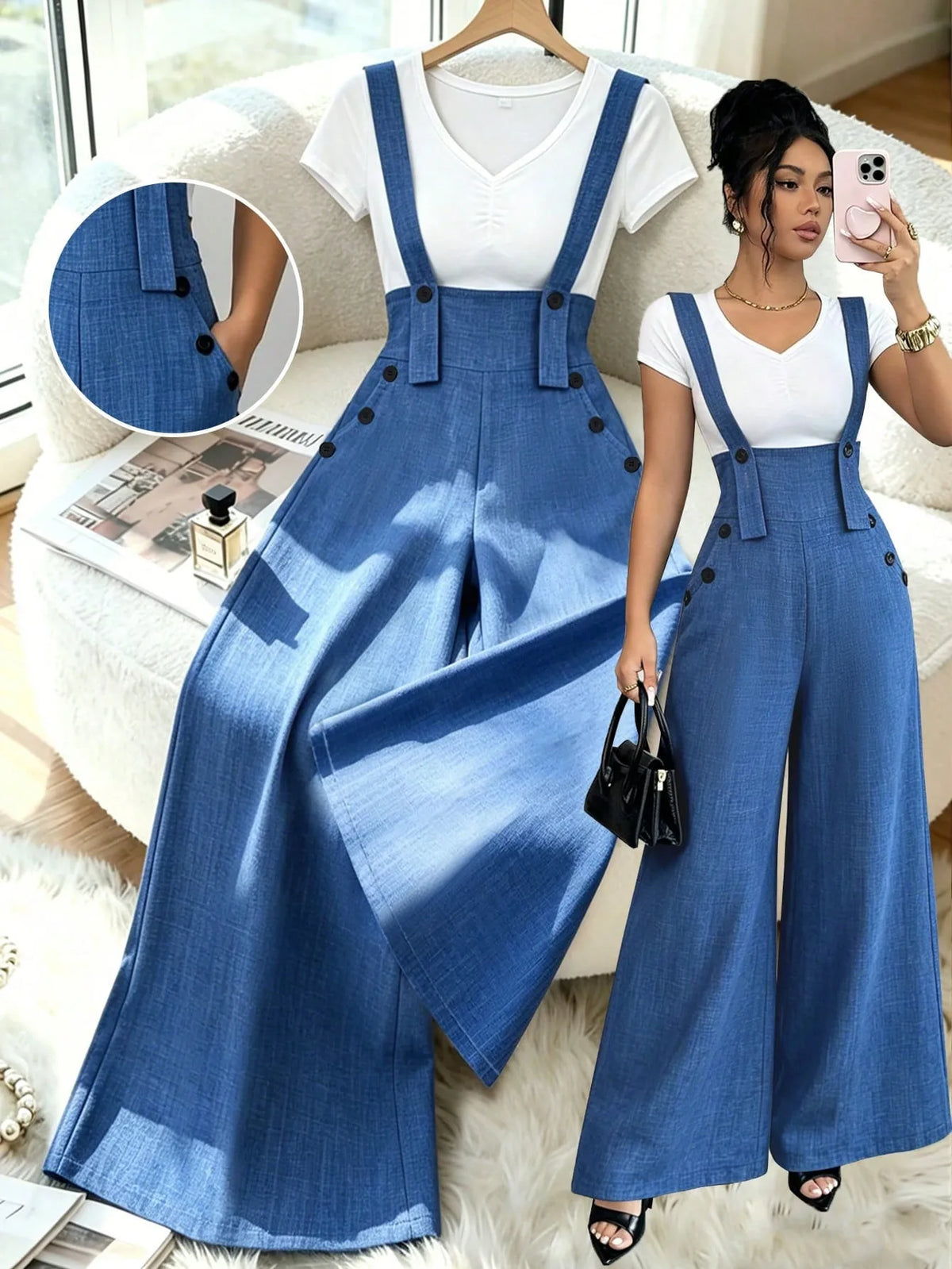 Women's Casual Elegant Button Detail Wide Leg Pants Overalls Trendy Comfortable Fashionablealls