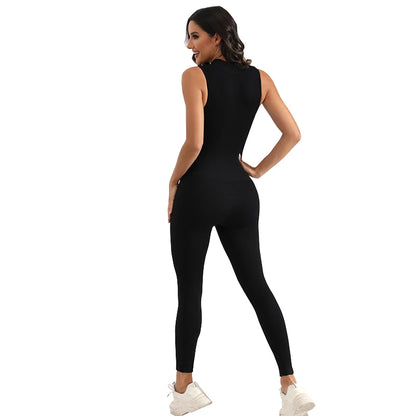 Ribbed Sleeveless Zip Front Sport Jumpsuits Women Yoga Jumpsuits Workout Ribbed Seamless One Piece Jumpsuits Zip Up Bodycon