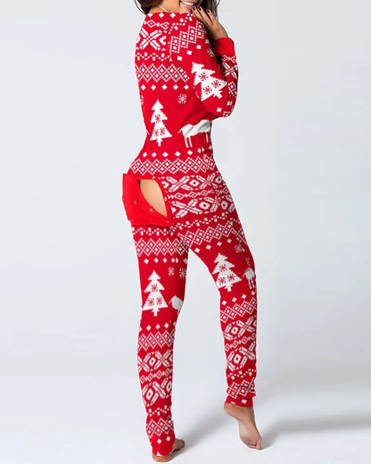 Sexy Pyjama Women's Long Sleeves Homewear Suit Button-Down Front Back Butt Bum Open Ass Flap Jumpsuit Loungewear Christmas Print