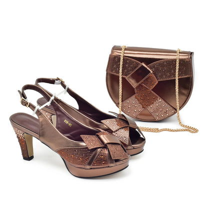 New Fashion Coffee Shoe and Bag Set for Party in Women Rhinestone Heeled Shoes for Women Ladies Party Shoes with Matching Bag