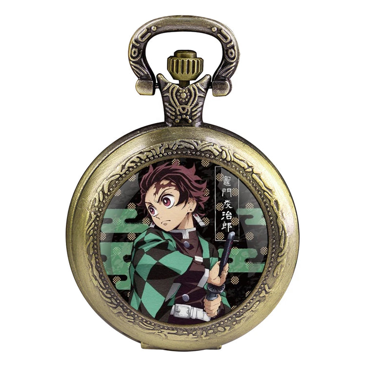 Kamado Tanjirou Design Glass Dome Quartz Pocket Watch With Durable Chain Arabic Numeral Dial For Men And Women Creative Gifts