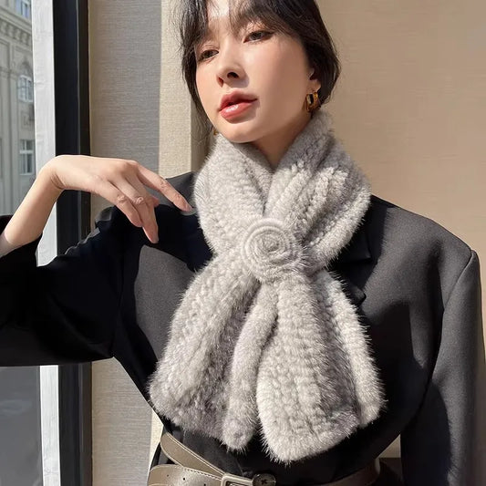 Real Fur Warm Scarf for Women Cross Style One Flower Knitted Design New Fashion Mink Fur Neck Warmer Winter Accessories Scarves
