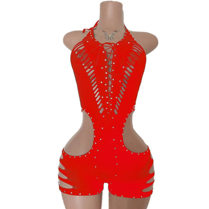 New Style One Piece Exotic Dancewear Sexy Lace-up Hollow-out Rhinestone Patchwork Bodycon Rompers Women Bodysuit Stripper Outfit