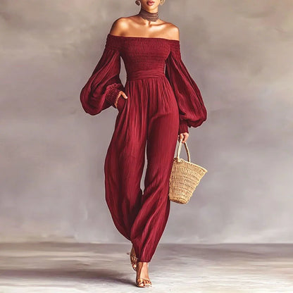 Women Solid Off Shoulder Backless Jumpsuits Lantern Long Sleeve Pleated High Waist Pockets Overalls Casual Holiday Party Rompers