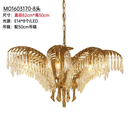 Hand Carving Gold Brass Hanging Pendant Lights Villa Living Room Luxury Crystal Palm Chandelier
