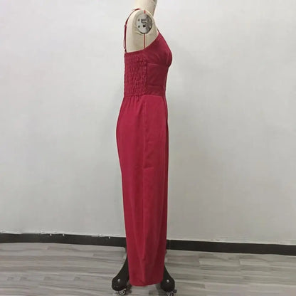 Elegant Sexy V-Neck Spaghetti Strap Jumpsuit Women High Waist Wide Leg Casual Romper Spring Boho Solid Backless Pockets Overalls