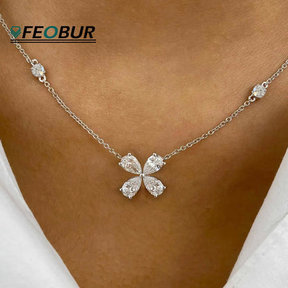 2cttw 4-Stone Clover Moissanite Diamond Pendant Necklace for Women 100% S925 Silver Pear Cut Diamond Charm Neck Chain Party Gift