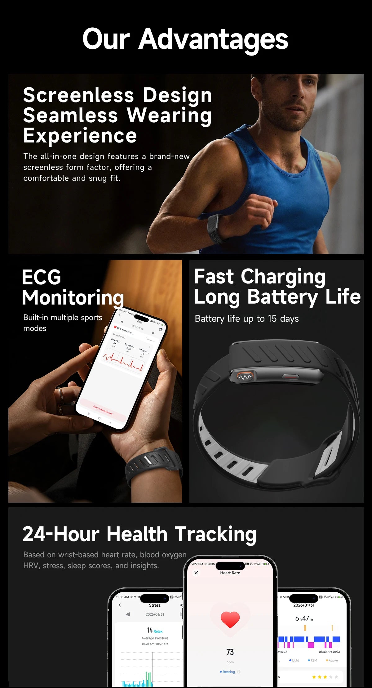 2026 new ECG fashionable screenless smart bracelet,health monitoring，multiple exercise modes, step counting, Valentine'sDay gift