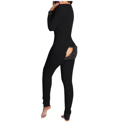 Adult Long Sleeve Pajamas Button Flip Cover Women's 1Piece Loungewear Butt Button Back Flap Jumpsuit Sleepwear Romper Home Wear