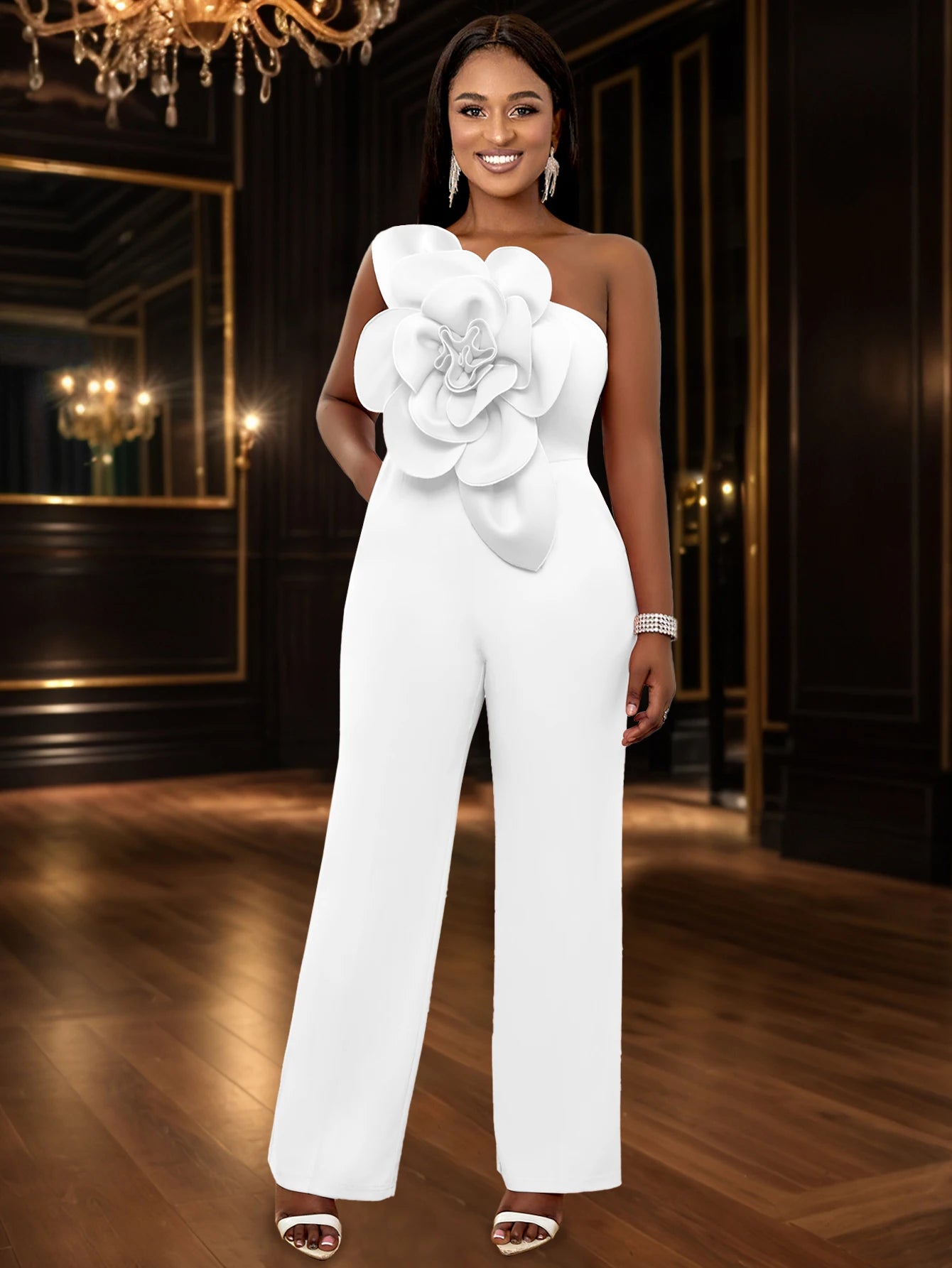 Women One Shoulder Jumpsuit Big Flowers Long Sexy Backless High Waist  Wide Leg Straight One Piece Classy Evening Party Rompers