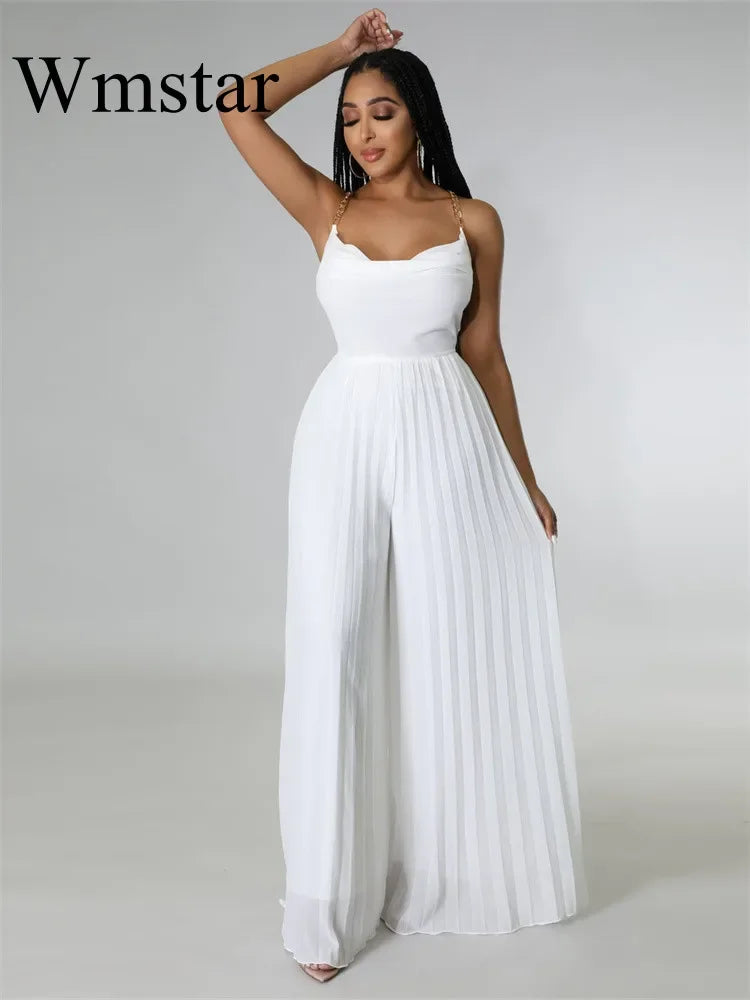 Wmstar Summer Jumpsuits Women Backless Sleeveless High Temperature Pleated Solid Wide Leg Rompers Wholesale Dropshipping 2025