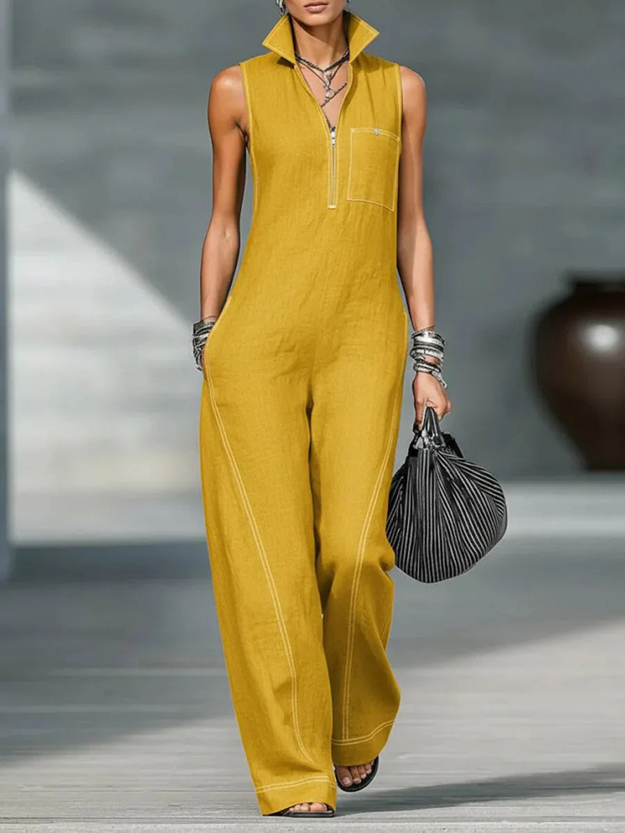 Women's 2026 New Mandarin Collar Sleeveless Jumpsuit – Linen Cotton Loose Fit Romper  Casual Wide Leg One Piece