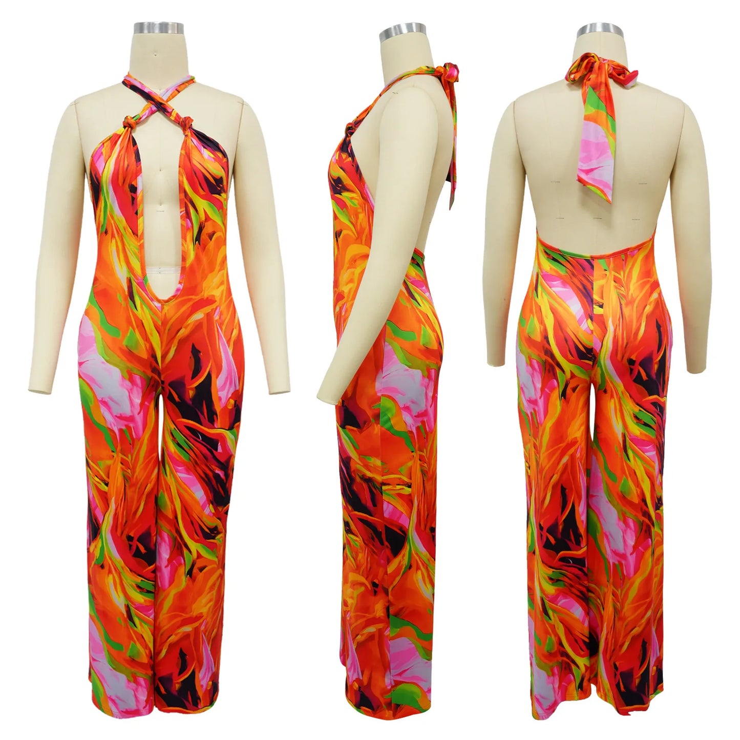 CM.YAYA Women Wide Leg V-neck Halter Sleeveless Print Jumpsuits 2024 Summer Night Club Street Playsuit One Piece Suit Rompers