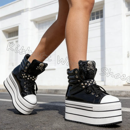 Leather Sports Ankle Boots Platform Rivet Lace-Up Women Shoes Mixed Color Thick Bottom Round Toe Luxury Novelty Concise Sexy New