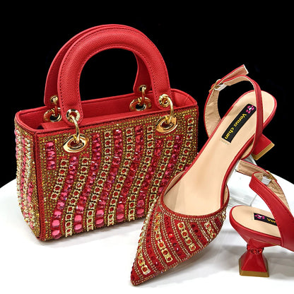 2025 Shiny Italian Fashion Pointed Toe Women Heel Fashion Rhinestone Decoration Fuchsia Color Shoes And Bag Set